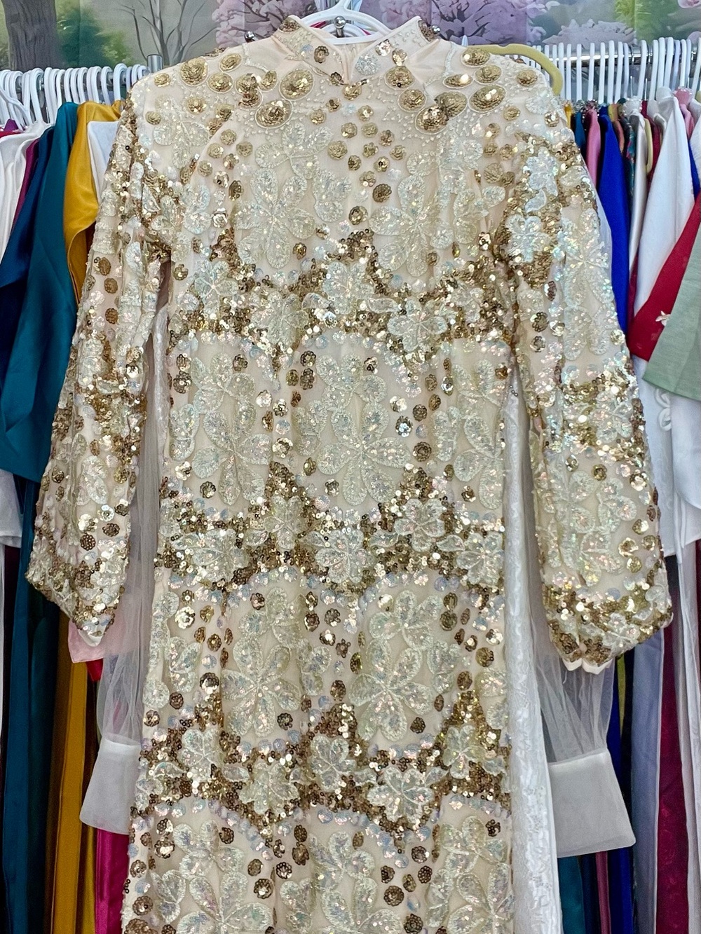 Ao dai suong kim sa sequin Vietnamese traditional long dress set gold cream 2 m